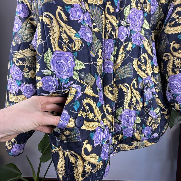 Vintage 90s Silk Novelty Quilted Baroque Floral Bomber Jacket – Anna & Frank L - Picture 6 of 11